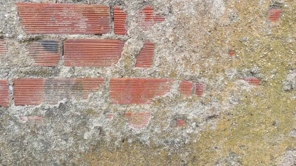 Vários Tijolos São Visíveis Sob Antiga Camada Concreto Que Começou — Fotografia de Stock