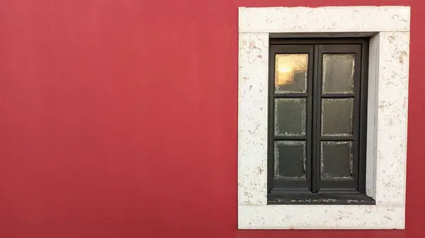 Old Wooden Window Installed Window Frame Made Natural Stone Red — Stock Photo, Image
