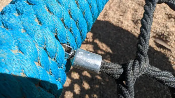 Connection Black Rope Pipe Entwined Blue Rope Details Chi — Stock Photo, Image