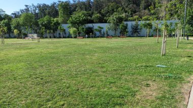 Kenarları genç ağaçlarla çevrili büyük bir çit, arkasında uzun beyaz bir çit ve bir orman.