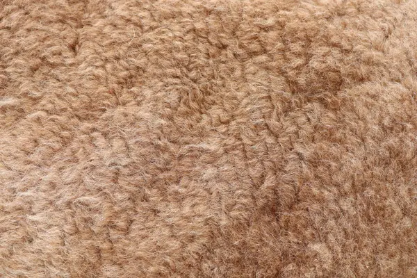 Yün ve kürkten yapılmış kahverengi halı dokusunun detaylı bir yakın çekimi, bej ve şeftali tonlarından oluşan bir desen içeriyor. Döşeme yumuşak ve rahat, toprak ve kepeği anımsatıyor.