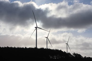 Üç rüzgar türbini, yenilenebilir enerji ve sürdürülebilirliği simgeleyen bulutlu bir gökyüzü arkaplanına karşı duruyor..