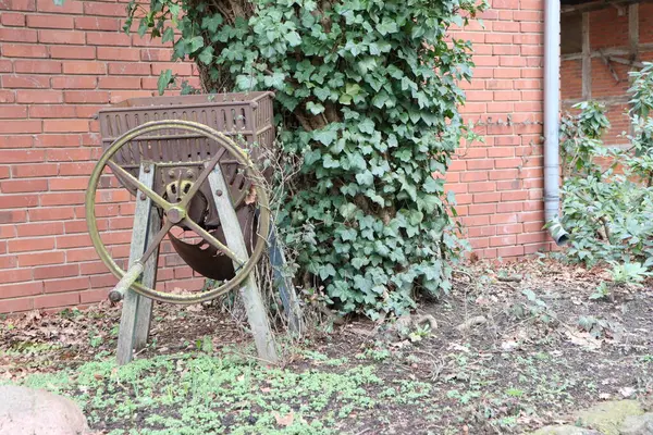 Tekerlekli paslı tarım ekipmanları ve tuğla duvara dayanan vitesler klasik zanaatkarlığın nostaljisini yansıtıyor.