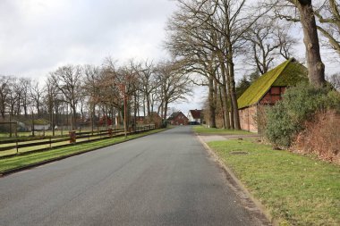 Bulutlu bir kış gününde ağaçlar ve çiftlik evleriyle çevrili sakin bir köy yolu kırsal manzaraları gözler önüne seriyor..