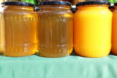 Her biri canlı renklerde bal dolu, doğal güzelliğini gösteren çeşitli kavanozlardan oluşan güzel bir sergi.