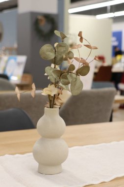 Bu şık ve çağdaş tasarım modern bir dekor dokunuşu için kurumuş okaliptüs dolu nötr bir vazoya sahiptir.