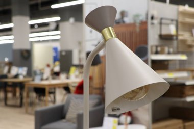 Gösterişli, şık bir zemin lambası modern bir tasarım sergiliyor. Moda mobilya galerisi ortamında göze çarpan bir tasarım.