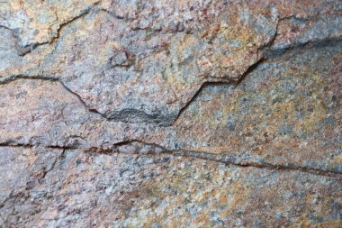 Karmaşık bir kaya yüzeyinin yakın çekim görüntüsü çeşitli toprak renkleri ve farklı dokuları sergiliyor.