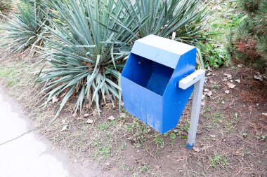 Bir patika ve çalılığın yanında bulunan parlak mavi bir posta kutusu manzaraya renk katıyor..