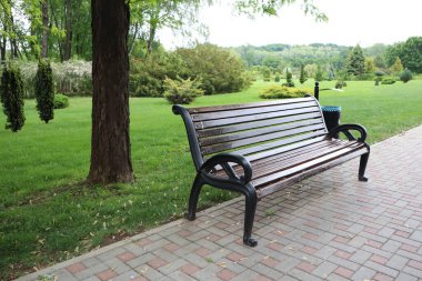 Bereketli bir manzarada sakin bir park bankı, rahatlamak için mükemmel ve doğa aşıkları için ideal.