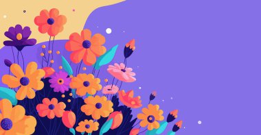 Mor arka planda renkli çiçekler, bahar konsepti, iniş sayfası, iş afişi