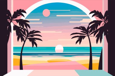 Kumsalda güzel bir gün. Güneş mavi gökyüzünden, palmiyelerden ve okyanus manzarasından yükseliyor.