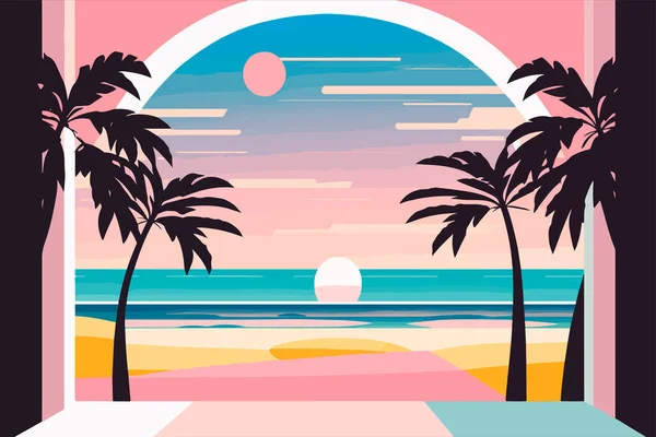 Kumsalda güzel bir gün. Güneş mavi gökyüzünden, palmiyelerden ve okyanus manzarasından yükseliyor.