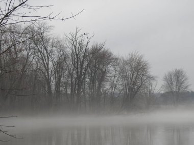 Gölde sisli, yağmurlu, kasvetli bir gün.