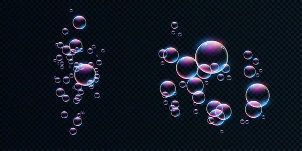 Transparent Realistiska Bubblor Med Reflektioner Isolerade Mörk Bakgrund — Stock vektor