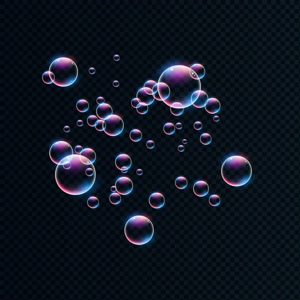 Transparent Realistic Bubbles Reflections Isolated Dark Background — Stock Vector