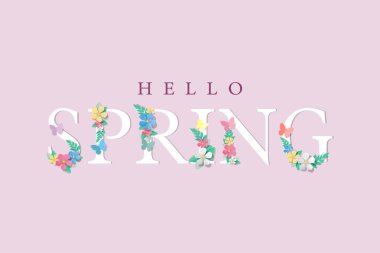 Kağıttan çiçekler, kelebekler ve bahar kartı olan bahar metni.