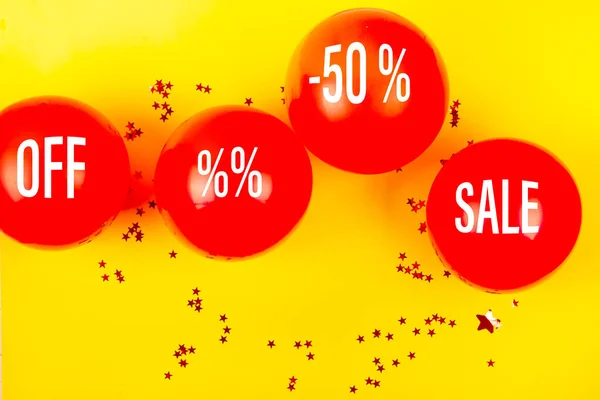 Black Friday Sale Banner Red Balls Star Shaped Confetti Yellow — Stock Photo, Image