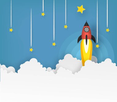 Kırmızı uzay gemisi ya da roket fırlatılışı bulutların üzerinden yıldıza gider. İş konseptinde vektör kağıt sanatı.