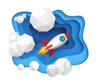 roketler mavi gökyüzüne fırlatılır ve arka planda bulutlar. Resim kağıdı sanatı ve 3 boyutlu konsept