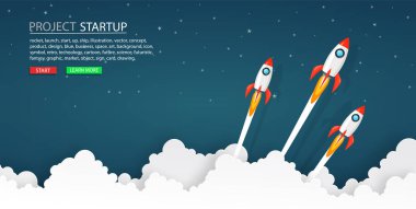 Roketler gece gökyüzüne mesaj, etiket, yıldızlar ve bulutlarla fırlatılıyor. iş ya da başlangıç kavramı