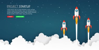 Roketler gece gökyüzüne mesaj, etiket, yıldızlar ve bulutlarla fırlatılıyor. iş ya da başlangıç kavramı