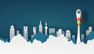 Uzay gemisi ya da roket fırlatılışı gökyüzü arka planında ve yıldızlarda şehir manzarası olan binaların üzerinde. Vector kağıt sanatı koyu mavi tonda ve gölgeli.