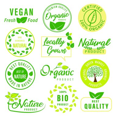 Organik gıda, doğal gıda, sağlıklı gıda ve organik ürün logoları, ikon, gıda ve içecek pazarı, ecommerce, organik ürünler, doğal ürünlerin tanıtımı için rozet ve çıkartma koleksiyonu.