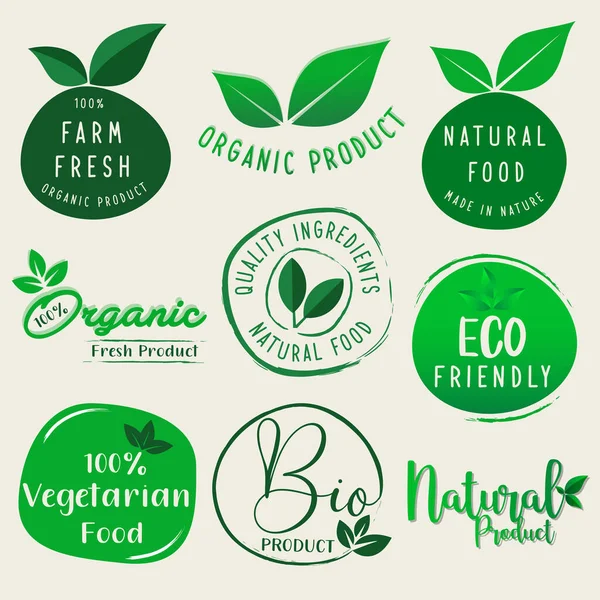 Alimentos Orgânicos Produto Natural Logotipo Vida Saudável Adesivos Crachás — Vetor de Stock