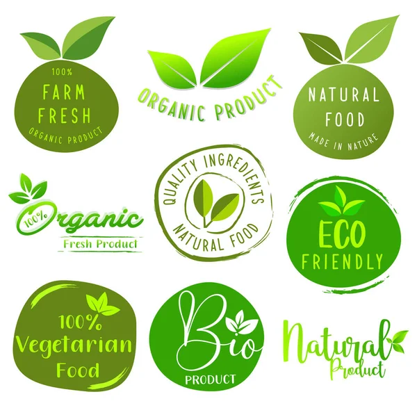 有机食品和饮料 天然产品 健康生活 食品商店和产品促销的一套标志 贴纸和徽章 — 图库矢量图片