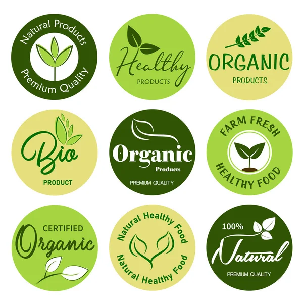 有机食品 天然产品和健康生活标志 贴纸和徽章 — 图库矢量图片