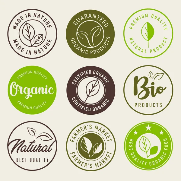 Alimentos Orgânicos Produto Natural Logotipo Vida Saudável Adesivos Crachás — Vetor de Stock