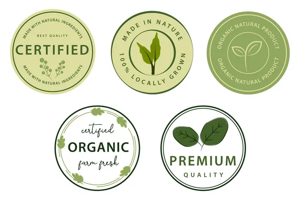 Alimentos Ecológicos Productos Naturales Vida Sana Logotipo Pegatinas Insignias — Vector de stock