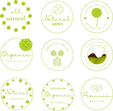 Organik gıda, doğal ürün ve sağlıklı yaşam logosu, çıkartmalar ve rozetler..