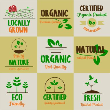 Organik gıda, doğal ürün ve tarım ürünleri gıda pazarı için taze işaret simgeleri ve element koleksiyonu.