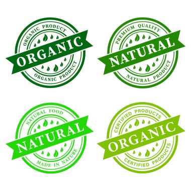 Organik gıda, sağlıklı yaşam ve doğal ürün logosu, işaretler, etiketler. Pazarlama, ambalaj tasarımı, organik ve doğal ürünlerin tanıtımı için vektör illüstrasyonu.
