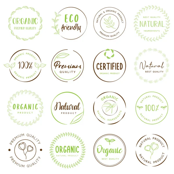 Etiquetas Productos Orgánicos Naturales Logotipo Sello Mercado Alimentos Adhesivos Comercio — Vector de stock