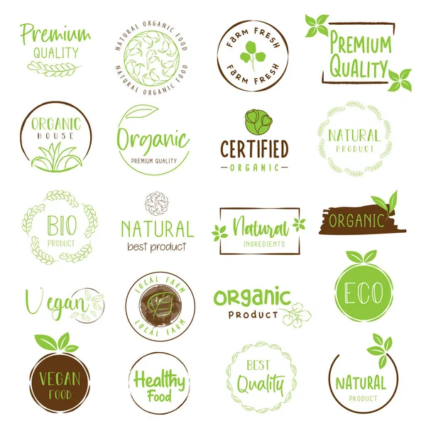 Conjunto Logotipo Pegatinas Insignias Para Alimentos Bebidas Ecológicas Productos Naturales — Vector de stock