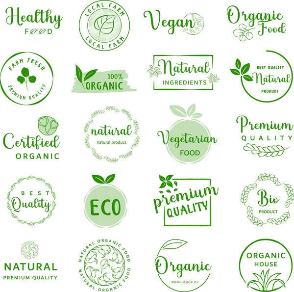 Conjunto Logotipo Pegatinas Insignias Para Alimentos Bebidas Ecológicas Productos Naturales — Vector de stock
