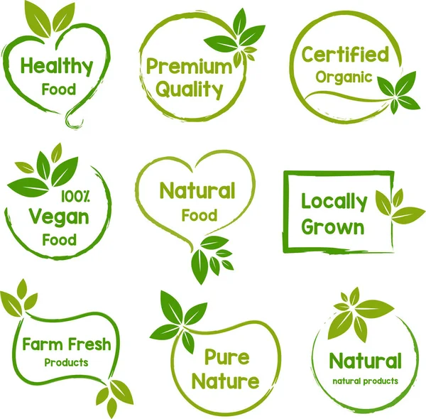 Conjunto Logotipo Adesivos Crachás Para Alimentos Bebidas Orgânicos Produtos Naturais — Vetor de Stock