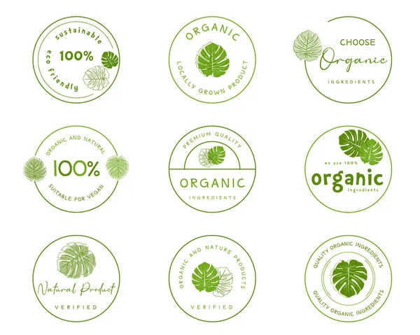 Logotipo Signo Icono Etiqueta Engomada Etiquetas Distintivos Alimentos Ecológicos Naturales — Vector de stock