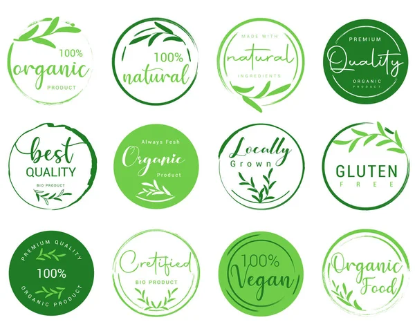 Alimentos Orgánicos Naturales Signo Producto Orgánico Natural Logotipo Iconos Pegatinas — Vector de stock