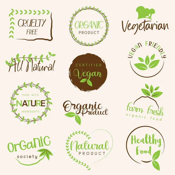 Logotipo Signo Etiqueta Engomada Etiquetas Distintivos Alimentos Ecológicos Naturales Para — Vector de stock