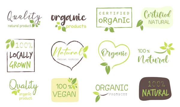 Alimentos Naturales Orgánicos Pegatinas Productos Frescos Orgánicos Granja Insignias Logotipo — Vector de stock