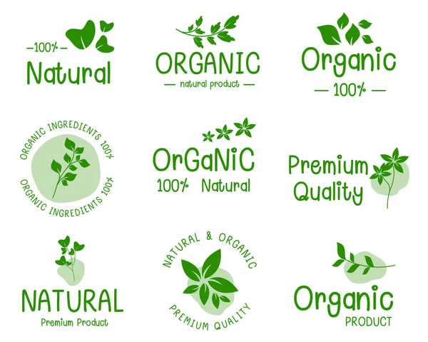 Alimentos Naturales Orgánicos Pegatinas Productos Frescos Orgánicos Granja Insignias Logotipo — Vector de stock