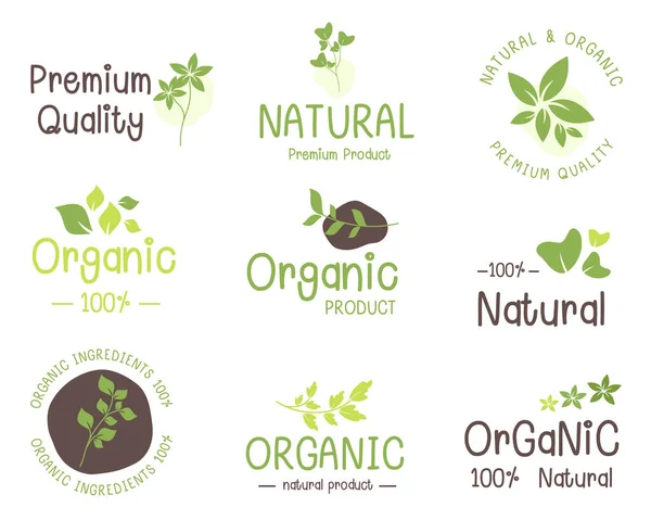 Наклейки Натуральные Органические Продукты Питания Сельскохозяйственные Свежие Органические Продукты Значки — стоковый вектор