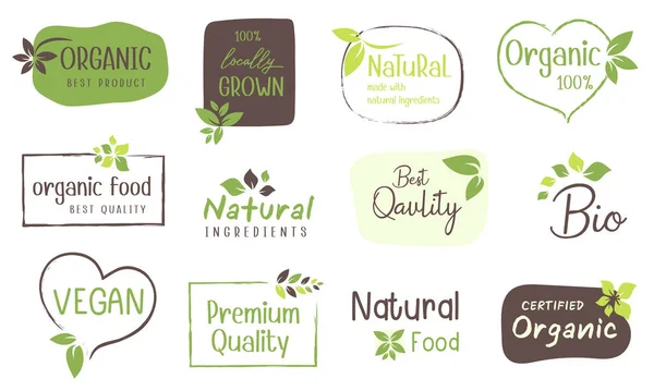Organic Food Natural Product Logo Sign Sticker Labels Badges Collection — Vetor de Stock