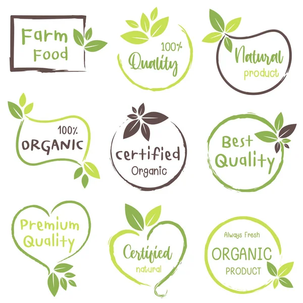 Alimentos Naturales Ecológicos Productos Agrícolas Frescos Ecológicos Pegatinas Insignias Logotipo — Archivo Imágenes Vectoriales