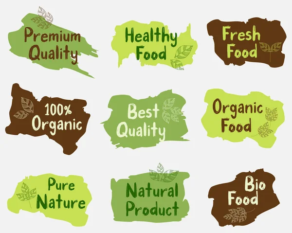 有机和天然食品 植物性和有机产品 植物性标识 徽章以及食品和饮料市场电子商务的贴纸收藏 — 图库矢量图片