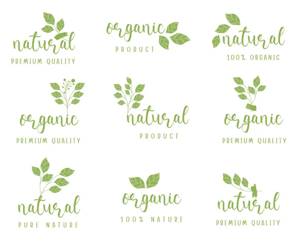 Comida Ecológica Logotipo Natural Del Producto Signo Pegatina Etiquetas Insignias — Vector de stock
